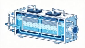 Electrochlorination maintenance: technician inspecting electrolyzer cell stack for preventive maintenance of high-concentration NaClO generator system