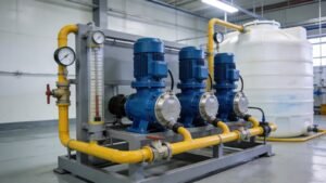 Sodium hypochlorite dosing system with metering pumps and storage tank in a water treatment plant